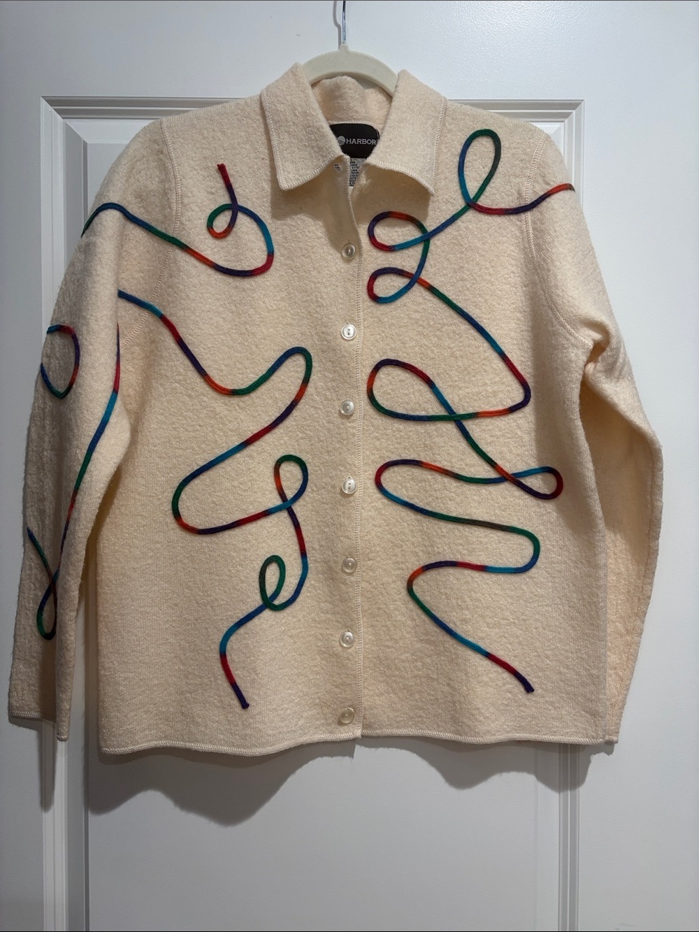 Sag Harbor Cream Teddy Button-Up Wool Cardigan with Multicolor Ribbon Swirls, M